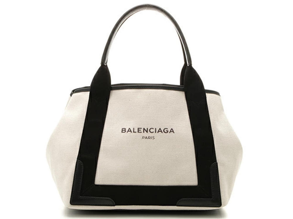 Balenciaga Navy Blue Cabas Canvas Leather Tote Bag Black